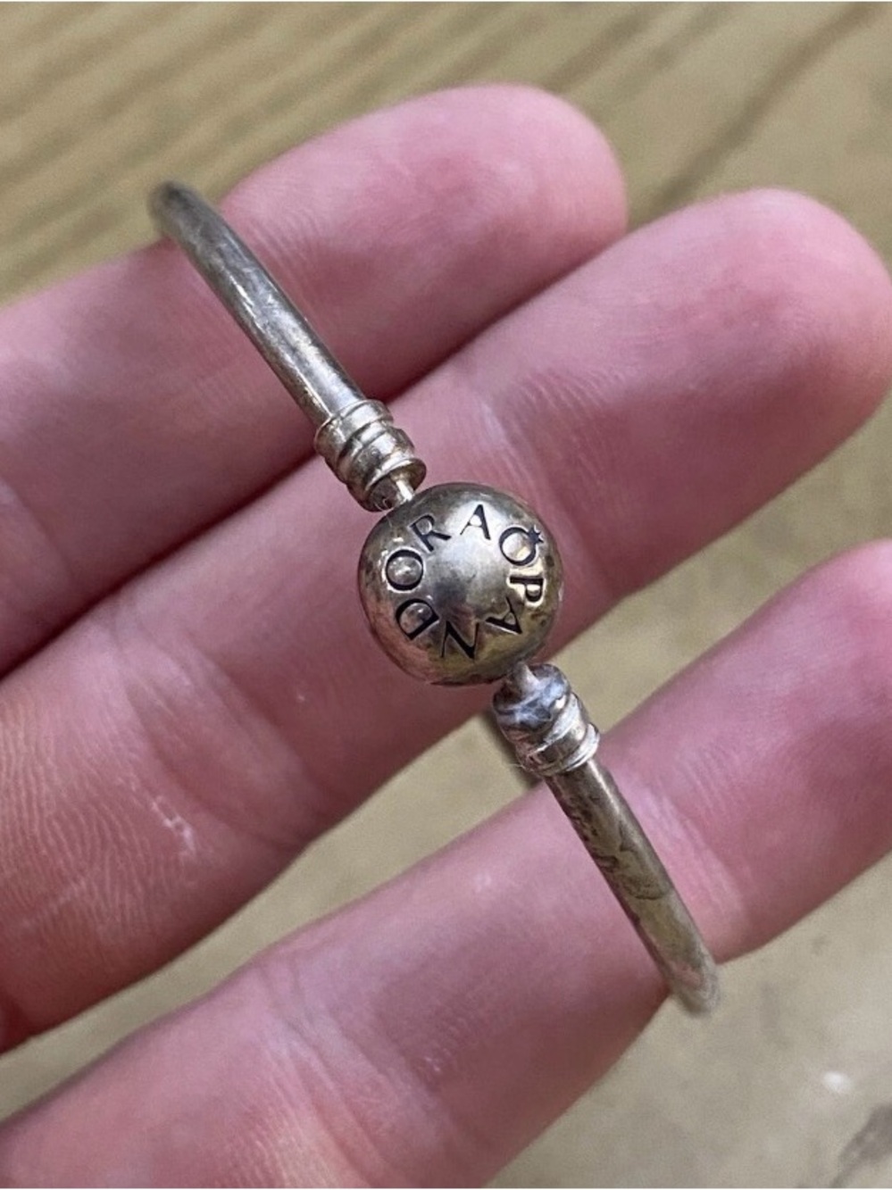 PANDORA Moments 925 Sterling Silver Signed Bangle Bracelet w/Ball Clasp Small